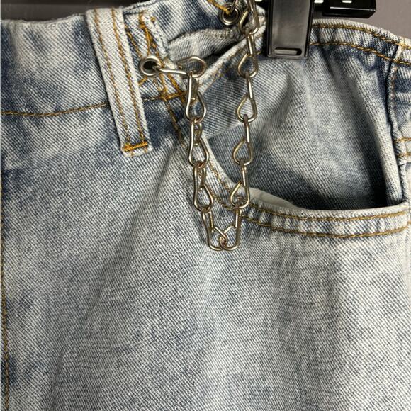 Lioness Acid Washed High Rise Wide Leg Jeans Silver Chain Detail Size Large - Picture 8 of 9